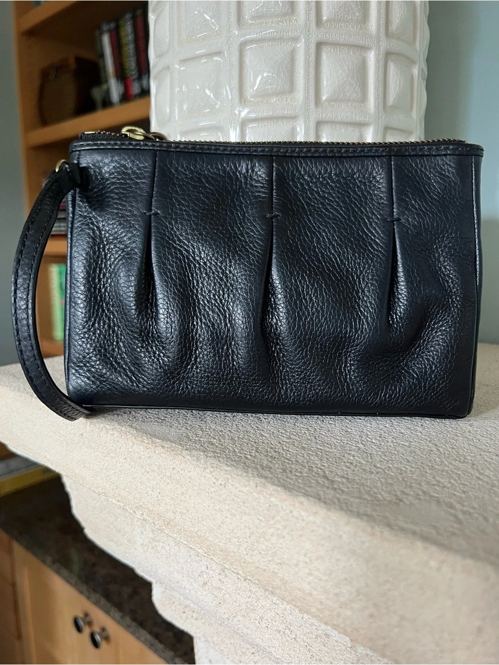 Black Leather Wristlet Clutch with Detachable Strap